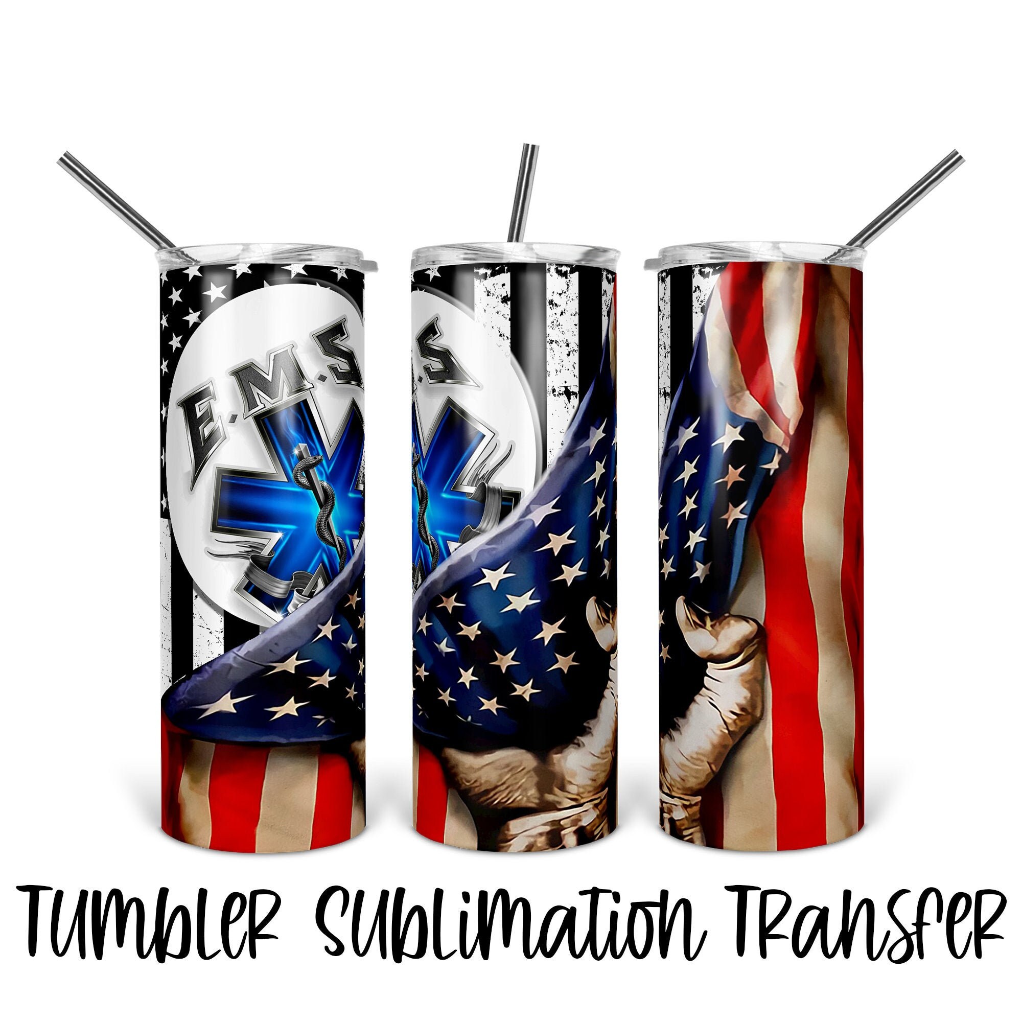 EMS – Tumbler Sublimation Transfer – Ready To Press – Heat Transfer – 20 OZ  – 30 OZ – Skinny Tumbler – Flag – Hand Pulling Flag – American